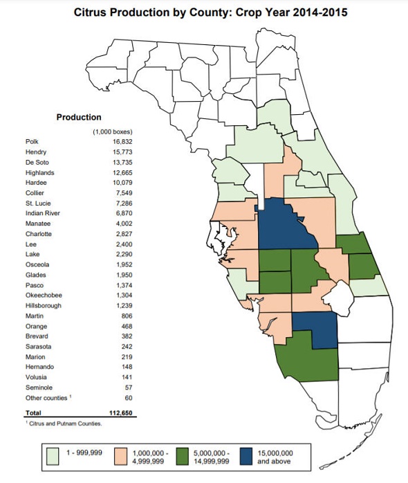 Florida primary citrus growing areas