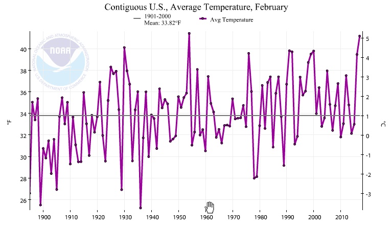 US Average temperature for February